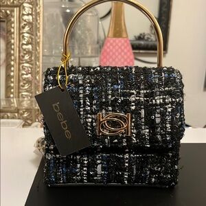 Bebe Tweed Handbag with Gold Handle